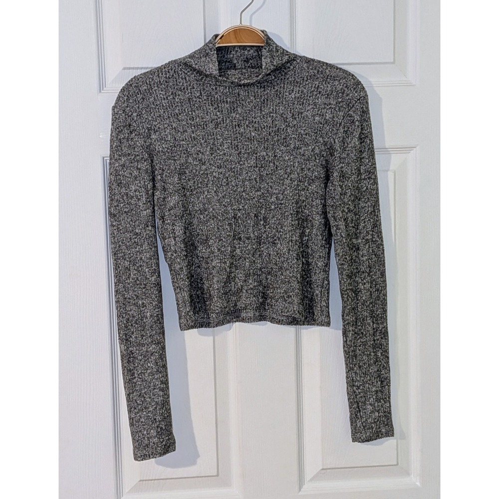 ambiance Gray Ribbed Knit Mock Neck Long Sleeve Crop Top Womens Size S